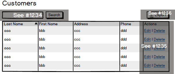 Wireframe of a data grid with user stories' numbers on 3 different areas: search, export, and edit and delete functionality.