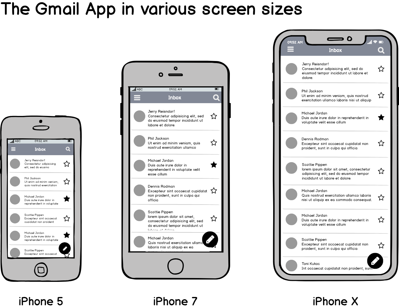 Wireframes of the Gmail mobile app in various screen sizes: iPhone 5, iPhone 7, iPhone X.