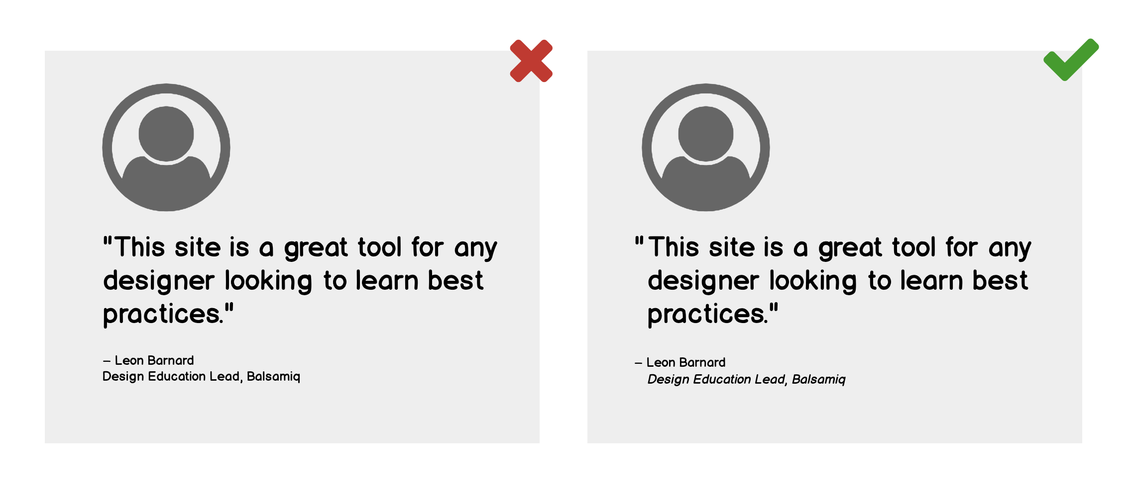 Wireframe of 2 testimonial box components: on the left, the UI elements are a bit off. On the right, they are well-aligned.