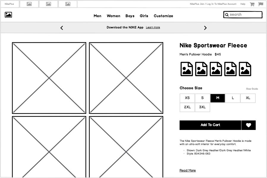 Example wireframe of an e-commerce product page